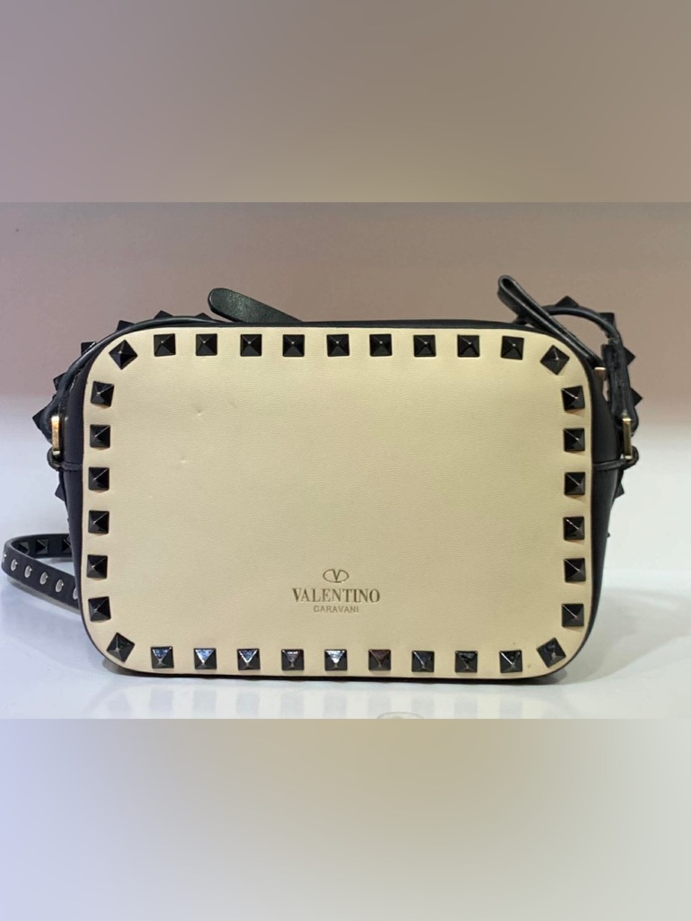 Valentino Garavani Ivory and Black Rockstud Leather Crossbody